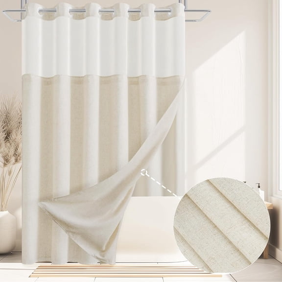No Hooks Linen Textured Shower Curtain with Snap-in Fabric Liner Set,Beige Hotel Luxury Decor Shower Curtains for Bathroom with See Through Top Window,Water Resistant Fabric,72Wx75W,Cream