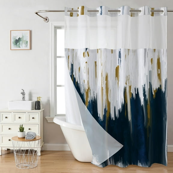 No Hooks Navy Blue and Gold Shower Curtain Set with Snap in Liner, Blue and White Graffiti Brush Strokes Oil Painting Abstract Bathroom Decor, Double Layers Waterproof Fabric Bath Curtain 71" X 74"