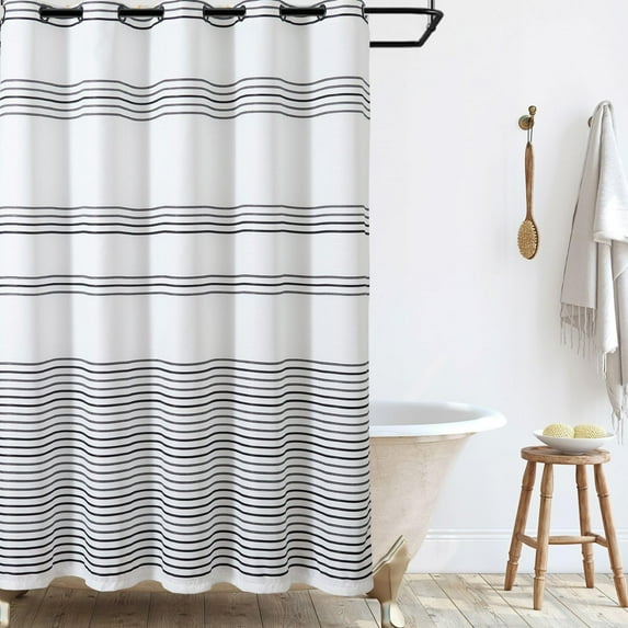 No Hooks Needed Black and White Shower Curtain Modern Striped Fabric Shower Curtains for Bathroom Waterproof Shower Curtain Set with Hooks for Hotel Spa 70x72 Inch