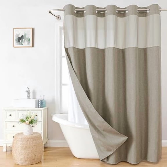 No Hooks Needed Linen Textured Shower Curtain with Snap-in Fabric Liner Set,Hotel Luxury Decor Shower Curtains for Bathroom with Mesh Top Window,Waterproof & Washable,71Wx74H,Khaki/Tan