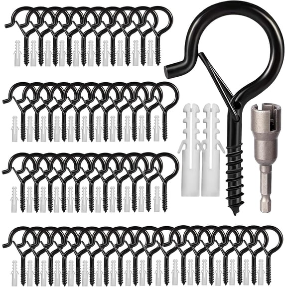 Hooks for Outdoor String Lights, 52 Pack Screw Hooks for Hanging Plants Led Party Lights Garage Wind Chimes, Black Heavy Duty Q Hanger Ceiling with Safety Buckle, Box and Wing Nut Driver