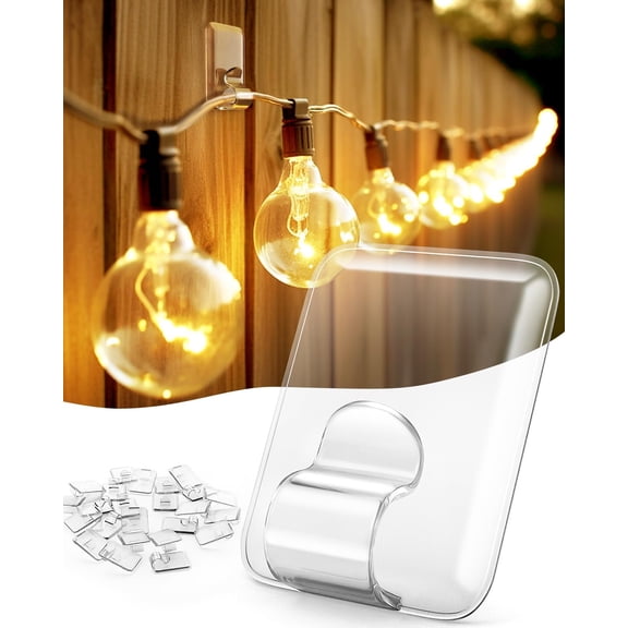 Hooks for Outdoor String Lights Clips: 20 Pack Large Clear Rectangle Outdoor Light Clips Waterproof Adhesive Strips - Heavy Duty Outside Hanging Cable Rope Light Holders Organizer
