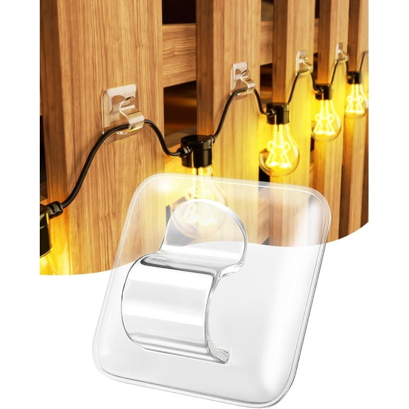 Hooks for Outdoor String Lights Clips: 50 Pack Square Clear Large Heavy Duty Light Hook Waterproof Adhesive Strips - Outside Hanging Rope Light Cable Cord Holders Organizer
