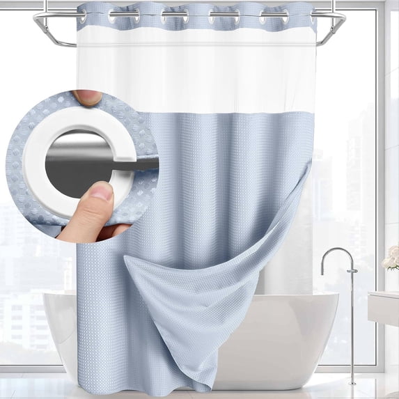No Hooks Polyester Textured Shower Curtain with Snap-in Fabric Liner Set, Hotel Luxury Decor Shower Curtains for Bathroom with See Through Top Window, Waterproof & Washable, 71Wx75H,Blue