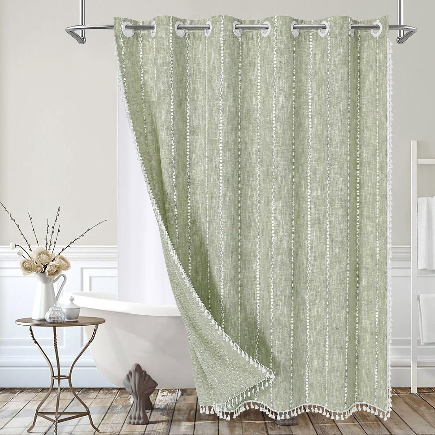 No Hooks Required Boho Farmhouse Shower Curtain with Snap-in Liner ...