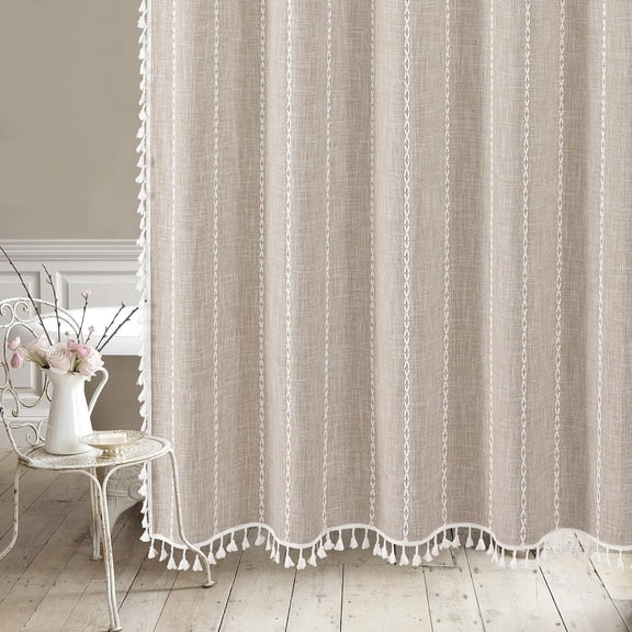 No Hooks Required Boho Farmhouse Shower Curtain with Snap-in Liner, Taupe Cotton Linen Fabric Shower Curtains with Tassels for Rustic Neutral Bathroom Decor,72 x 74