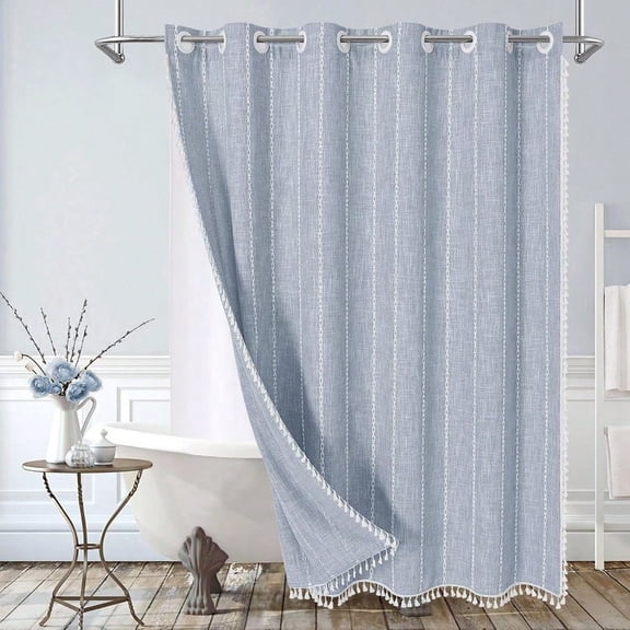 No Hooks Required Boho Farmhouse Shower Curtain With Snapin Liner Cotton Linen Fabric Shower Curtains With Tassels For Rustic Neutral Bathroom Decor Blue 72 X 74