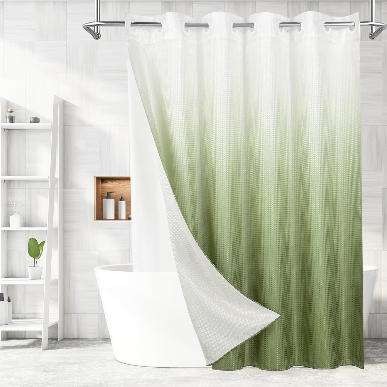 No Hooks Required Sage Green Shower Curtain with Snap-in Liner, Modern ...