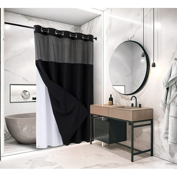 No Hooks Required Shower Curtain with Snap-in Liner Waffle Weave Design, Hotel Style Waterproof & Washable, Mesh top Window Easy Snaphook 72WX74H Black Bathroom Curtains (Black)