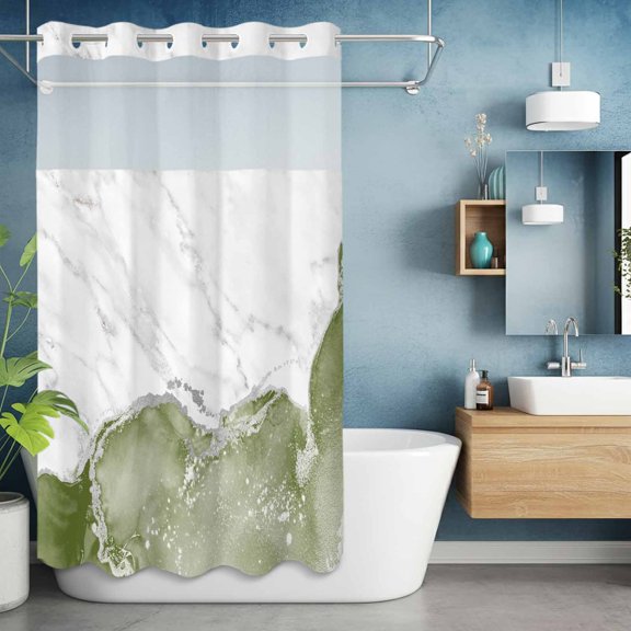 No Hooks Shower Curtain, Abstract Marble Stone Texture Shower Curtains Waterproof Bathroom Curtain with See Through Top Window,Hotel Style,36x72in Modern Sage Green White