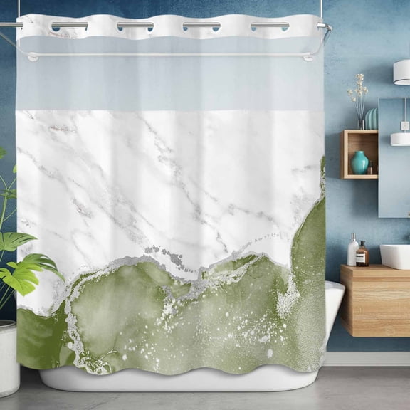 No Hooks Shower Curtain, Abstract Marble Stone Texture Shower Curtains Waterproof Bathroom Curtain with See Through Top Window,Hotel Style,72x72in Modern Sage Green White