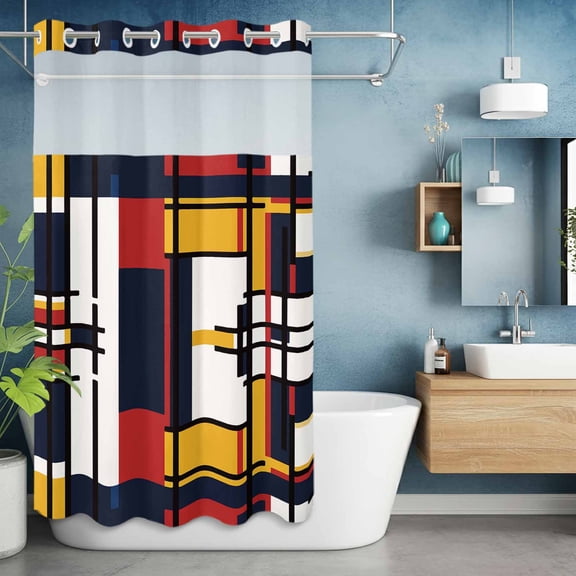 No Hooks Shower Curtain, Abstract Mondrian Color Block Shower Curtains Waterproof Bathroom Curtain with See Through Top Window,Hotel Style,36x72in Colorful Geometric Stripe Art