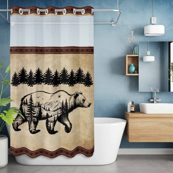 No Hooks Shower Curtain, Bear Forest Mountains Animal Silhouette Shower Curtains Waterproof Bathroom Curtain with See Through Top Window,Hotel Style,36x72in Vintage Brown Gradient
