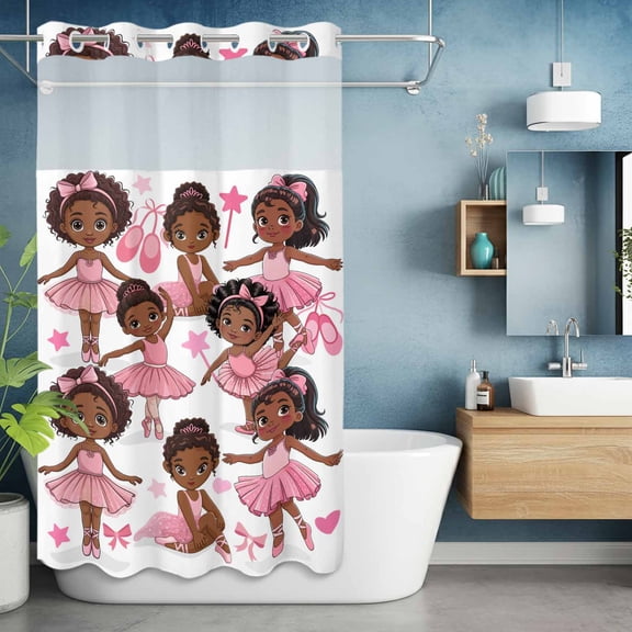 No Hooks Shower Curtain, Cartoon Children Ballet Dance Shower Curtains Waterproof Bathroom Curtain with See Through Top Window,Hotel Style,36x72in Pink Butterflies Ballet Shoes
