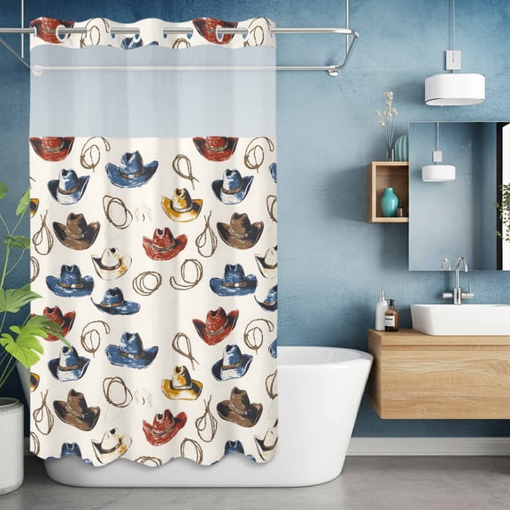 No Hooks Shower Curtain, Classic Western Cowboy Desert Shower Curtains Waterproof Bathroom Curtain with See Through Top Window,Hotel Style,36x72in Watercolor Red Blue Hat