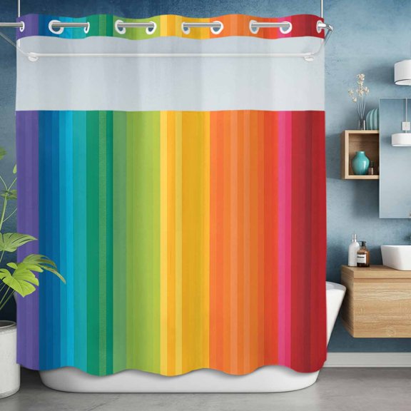 No Hooks Shower Curtain, Colorful Stripes Rainbow Shower Curtains Waterproof Bathroom Curtain with See Through Top Window,Hotel Style,72x72in Watercolor Line Minimalist Geometric