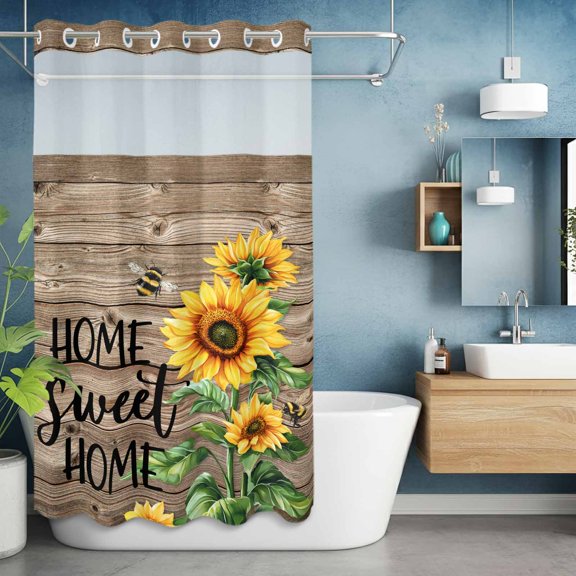 No Hooks Shower Curtain, Country Sunflower Bee Green Leaves Shower Curtains Waterproof Bathroom Curtain with See Through Top Window,Hotel Style,36x72in Farm Retro Wood Board
