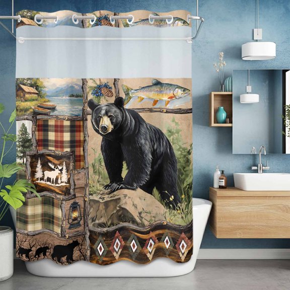 No Hooks Shower Curtain, Farmhouse Bear Colorful Plaid Shower Curtains Waterproof Bathroom Curtain with See Through Top Window,Hotel Style,60x72in Country Pastoral Landscape