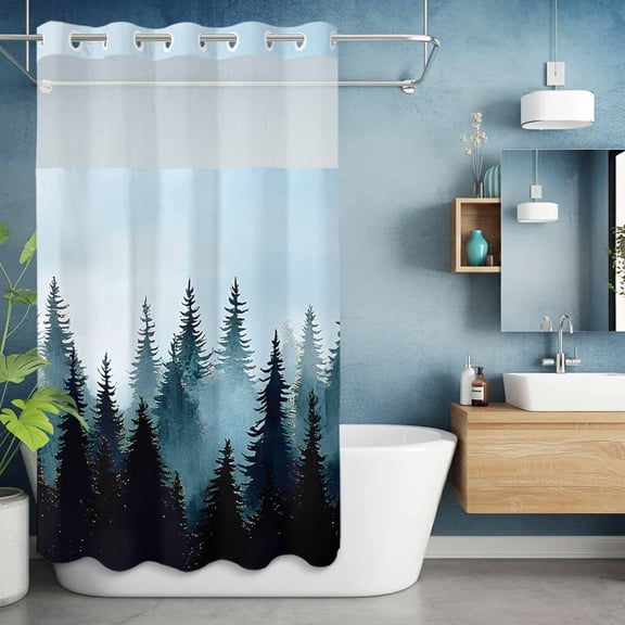 No Hooks Shower Curtain, Forest Jungle Black Shadow Shower Curtains Waterproof Bathroom Curtain with See Through Top Window,Hotel Style,36x72in Natural Landscape Blue Gradient