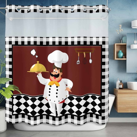 No Hooks Shower Curtain, Funny Chef Food Cutlery Shower Curtains Waterproof Bathroom Curtain with See Through Top Window,Hotel Style,72x72in Black White Plaid Dark Maroon