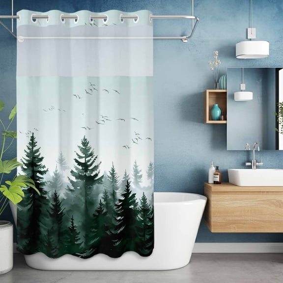 No Hooks Shower Curtain, Green Forest Misty Tree Shower Curtains Waterproof Bathroom Curtain with See Through Top Window,Hotel Style,36x72in Natural Scenery Oil Painting Style