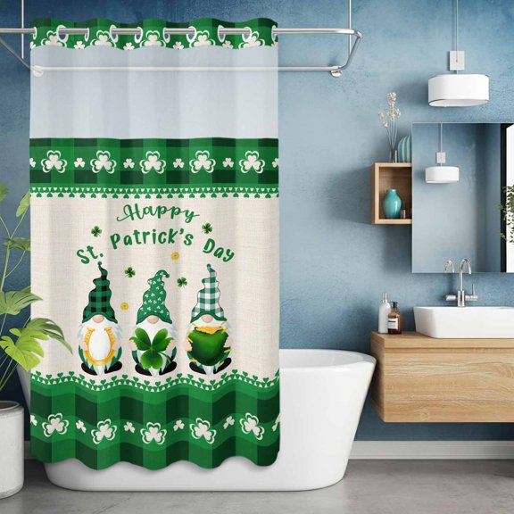 No Hooks Shower Curtain, Irish St. Patrick's Day Dwarfs Shower Curtains Waterproof Bathroom Curtain with See Through Top Window,Hotel Style,36x72in Lucky Shamrock Green Plaid