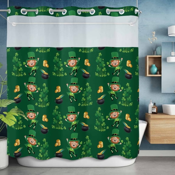 No Hooks Shower Curtain, Lucky Gold Coin Rainbow and Leprechaun for Irish Festival Shower Curtains Waterproof Bathroom Curtain with See Through Top Window,Hotel Style,72x72in Green