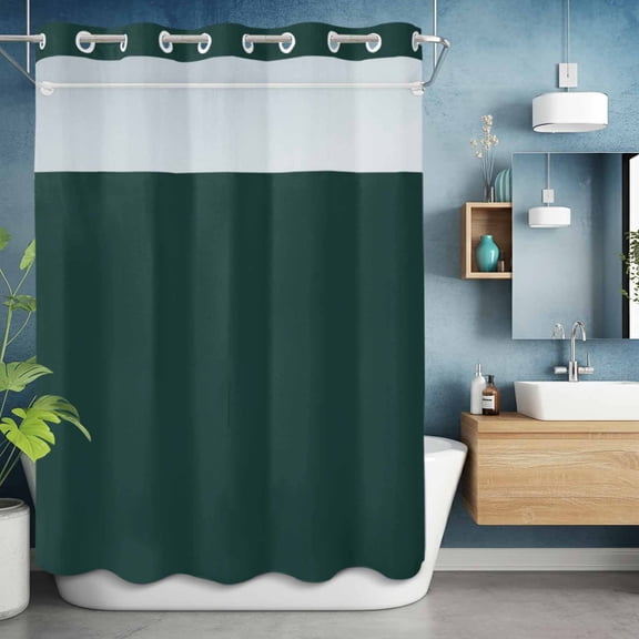 No Hooks Shower Curtain, Minimalist Art Solid Dark Green Shower Curtains Waterproof Bathroom Curtain with See Through Top Window,Hotel Style,60x72in Plain Single Pure Color