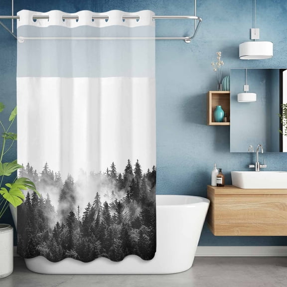 No Hooks Shower Curtain, Monochrome Misty Natural Forest Shower Curtains Waterproof Bathroom Curtain with See Through Top Window,Hotel Style,36x72in Foggy Tree Woodland Scenery