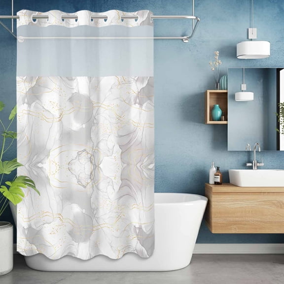 No Hooks Shower Curtain, Natural White Grey Marble Stone Shower Curtains Waterproof Bathroom Curtain with See Through Top Window,Hotel Style,36x72in Abstract Agate Gold Stripe