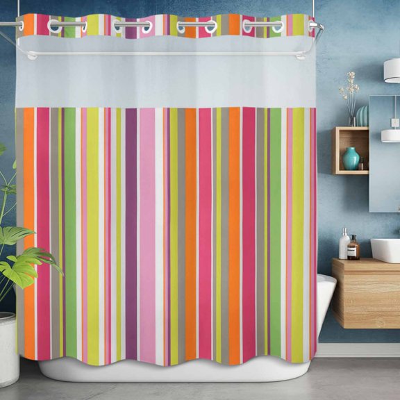 No Hooks Shower Curtain, Rainbow Stripe Colorful Line Shower Curtains Waterproof Bathroom Curtain with See Through Top Window,Hotel Style,72x72in Watercolor Stripes Seamless