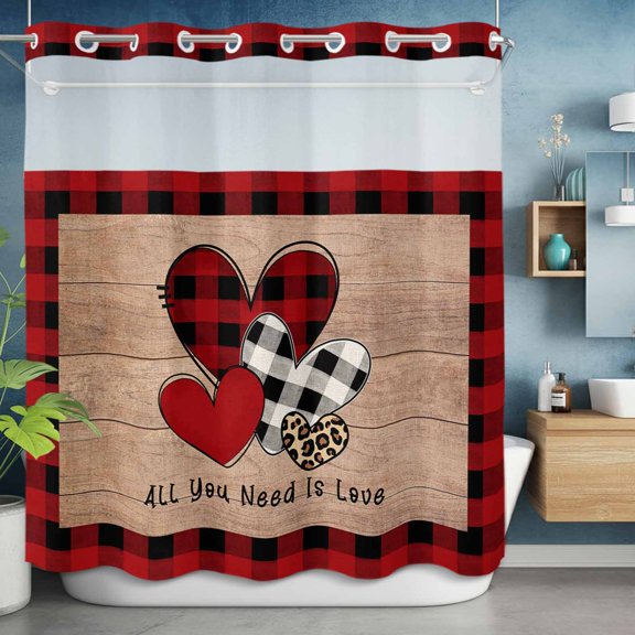 No Hooks Shower Curtain, Retro Romantic Love Shower Curtains Waterproof Bathroom Curtain with See Through Top Window,Hotel Style,72x72in Leopard Buffalo Gingham Heart Wood Board