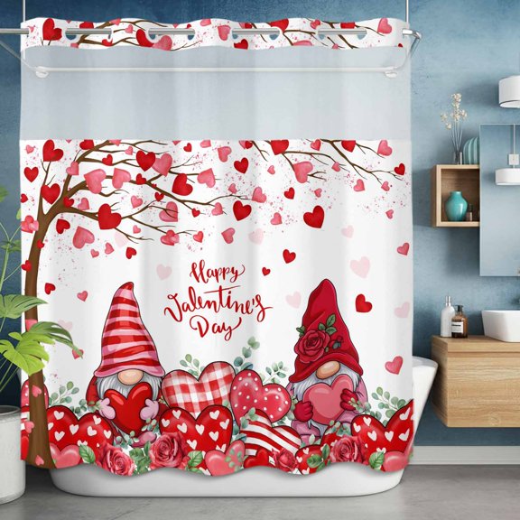No Hooks Shower Curtain, Romantic Gnome Heart Tree Rose Shower Curtains Waterproof Bathroom Curtain with See Through Top Window,Hotel Style,72x72in Valentine's Day Eucalyptus