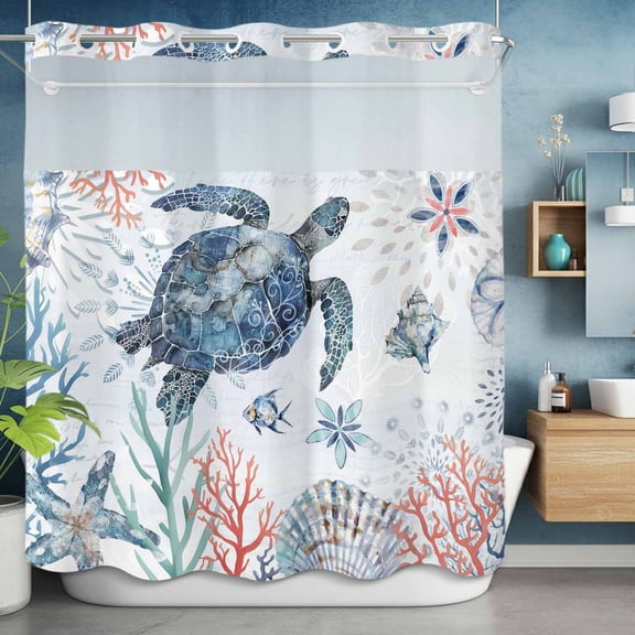 No Hooks Shower Curtain, Sea Turtle Blue Ocean Shell Starfish Shower Curtains Waterproof Bathroom Curtain with See Through Top Window,Hotel Style,72x72in Coral Marine Life