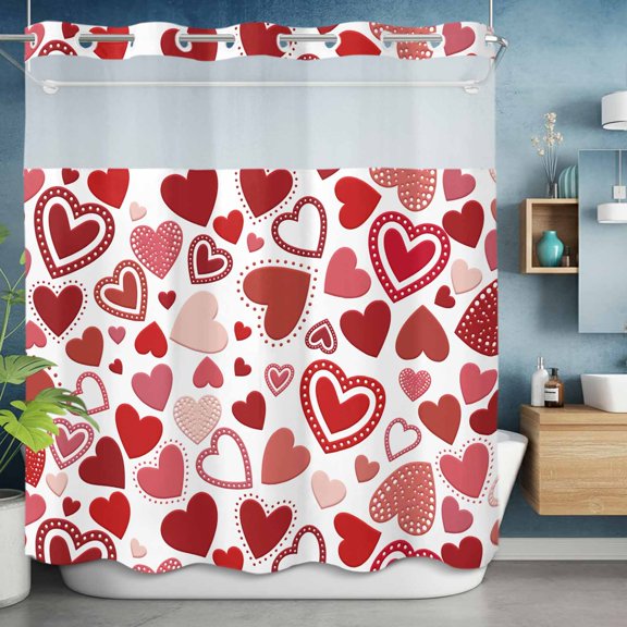 No Hooks Shower Curtain, Seamless Romantic Love Heart Shower Curtains Waterproof Bathroom Curtain with See Through Top Window,Hotel Style,72x72in Valentine's Day Sweet Hearts