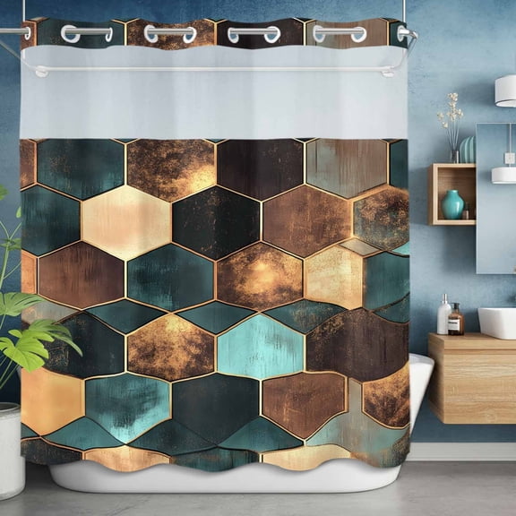 No Hooks Shower Curtain with Snap, Abstract Geometric Colorful Moroccan Shower Curtains Waterproof Bathroom Curtain with See Through Top Window,Hotel Style,72x72in Vintage Hexagon Collage Art