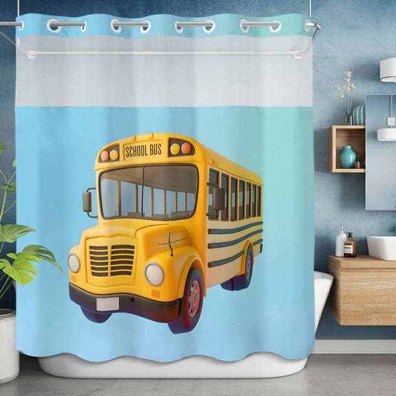 No Hooks Shower Curtain with Snap in Fabric Liner Set, Back-to-school Season Shower Curtains Waterproof Bathroom Curtain with See Through Top Window,Hotel Style,72x72in Yellow School Bus