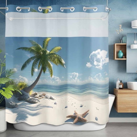 No Hooks Shower Curtain with Snap in Fabric Liner Set, Beach Starfish Summer Coconut Tree Shower Curtains Waterproof Bathroom Curtain with See Through Top Window,Hotel Style,72x72in Blue Ocean