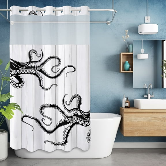 No Hooks Shower Curtain with Snap in Fabric Liner Set, Black Giant Squid Shower Curtains Waterproof Bathroom Curtain with See Through Top Window,Hotel Style,36x72in Wood Grain Background