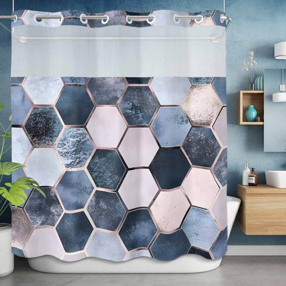 No Hooks Shower Curtain with Snap in Fabric Liner Set, Blue Lattice Hexagon Color Block Shower Curtains Waterproof Bathroom Curtain with See Through Top Window,Hotel Style,72x72in Abstract Geometric