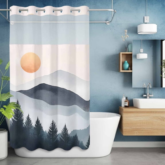 No Hooks Shower Curtain with Snap in Fabric Liner Set, Boho Sun Mountains Forest Shadow Shower Curtains Waterproof Bathroom Curtain with See Through Top Window,Hotel Style,36x72in Abstract Geometric