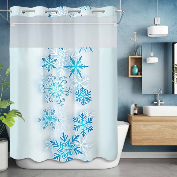No Hooks Shower Curtain with Snap in Fabric Liner Set, Christmas Abstract Blue Snowflakes Shower Curtains Waterproof Bathroom Curtain with See Through Top Window,Hotel Style,60x72in Winter Snow Scene