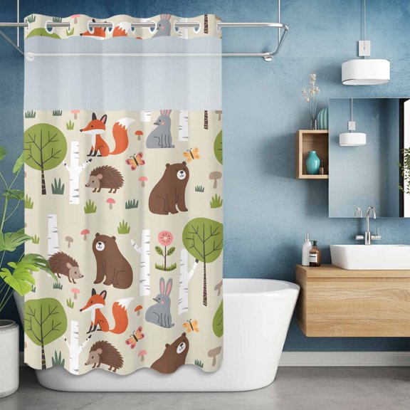 No Hooks Shower Curtain with Snap in Fabric Liner Set, Cute Bear Hedgehog Fox Shower Curtains Waterproof Bathroom Curtain with See Through Top Window,Hotel Style,36x72in Cartoon Tree Wild Flower