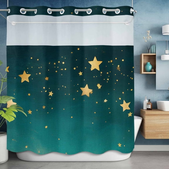 No Hooks Shower Curtain with Snap in Fabric Liner Set, Dream Yellow Star on Teal Blue Shower Curtains Waterproof Bathroom Curtain with See Through Top Window,Hotel Style,72x72in Night Starry Sky