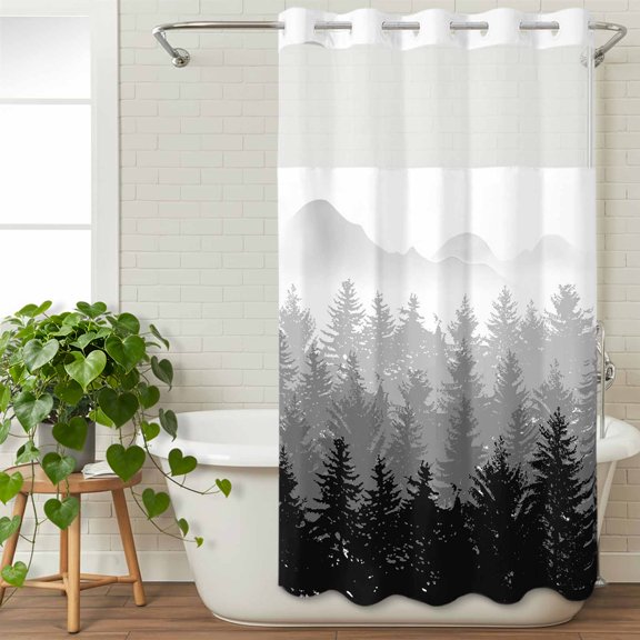 No Hooks Shower Curtain with Snap in Fabric Liner Set, Foggy Forest Gradient Black Shadow Shower Curtains Waterproof Bathroom Curtain with See Through Top Window,36x72in Misty Trees Abstract Art