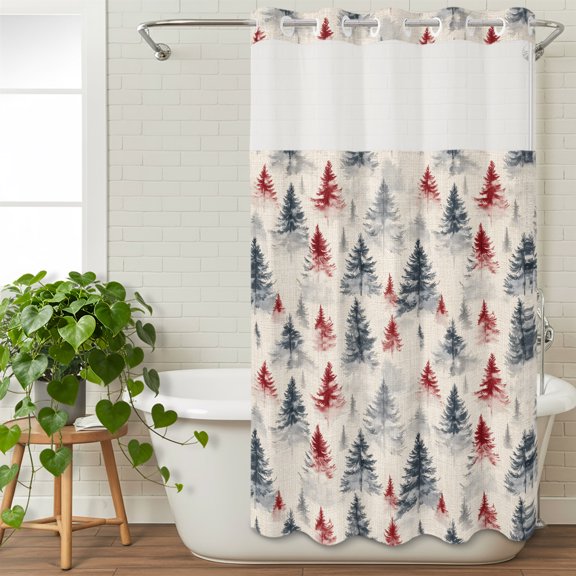 No Hooks Shower Curtain with Snap in Fabric Liner Set, Merry Christmas Tree Shadow Shower Curtains Waterproof Bathroom Curtain with See Through Top Window,36x72in Xmas Tree Seamless Retro Linen