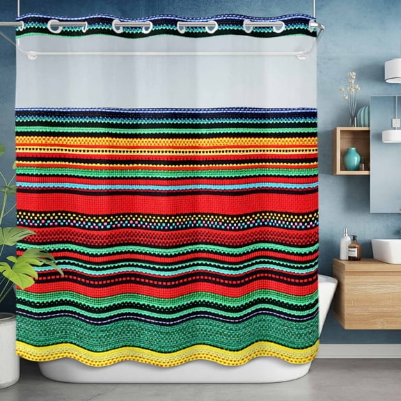 No Hooks Shower Curtain with Snap in Fabric Liner Set, Mexican Colorful Stripes Shower Curtains Waterproof Bathroom Curtain with See Through Top Window,Hotel Style,72x72in Rainbow Lines Ethnic Style