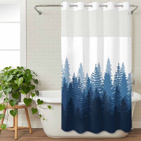 No Hooks Shower Curtain with Snap in Fabric Liner Set, Modern Art Forest Trees Shadow Shower Curtains Waterproof Bathroom Curtain with See Through Top Window,36x72in Gradient Black Blue on White