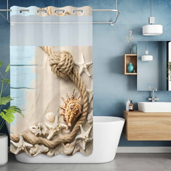 No Hooks Shower Curtain with Snap in Fabric Liner Set, Rustic Coastal Conch Rope Starfish Shower Curtains Waterproof Bathroom Curtain with See Through Top Window,Hotel Style,36x72in Blue Wood Board