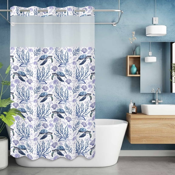No Hooks Shower Curtain with Snap in Fabric Liner Set, Sea Turtle Shell Coral Seamless Shower Curtains Waterproof Bathroom Curtain with See Through Top Window,Hotel Style,36x72in Summer Ocean Theme